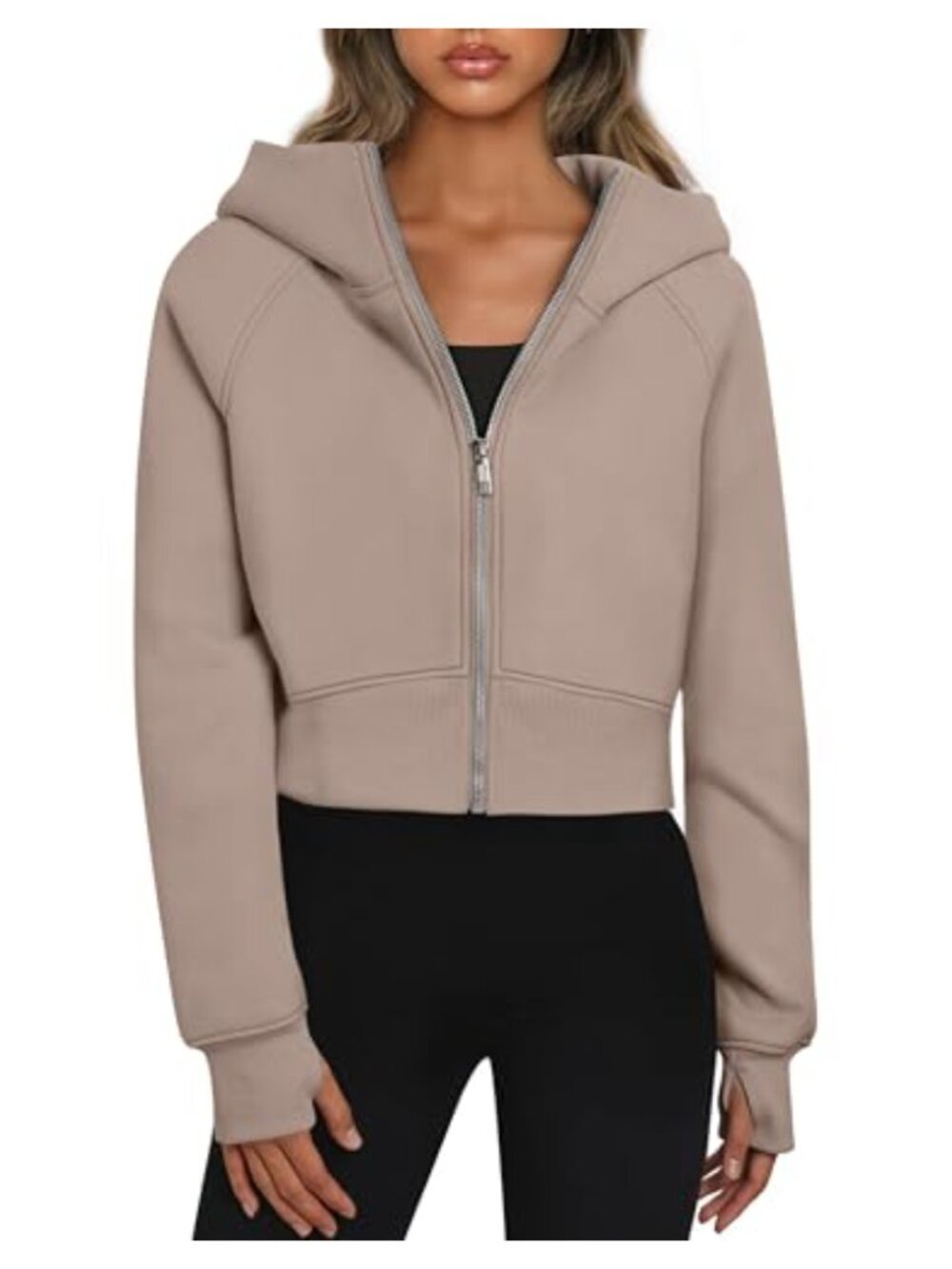 Oyamiki Women Zip Up Cropped Hoodie Oversized Sweatshirt Thumbholes Pockets